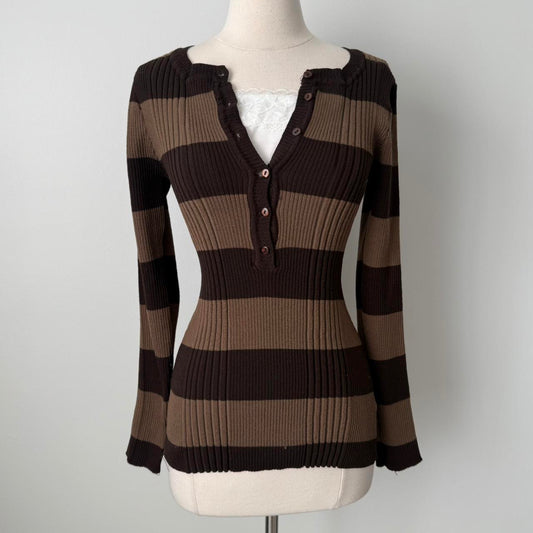 Derek Heart grunge striped henley sweater (M)